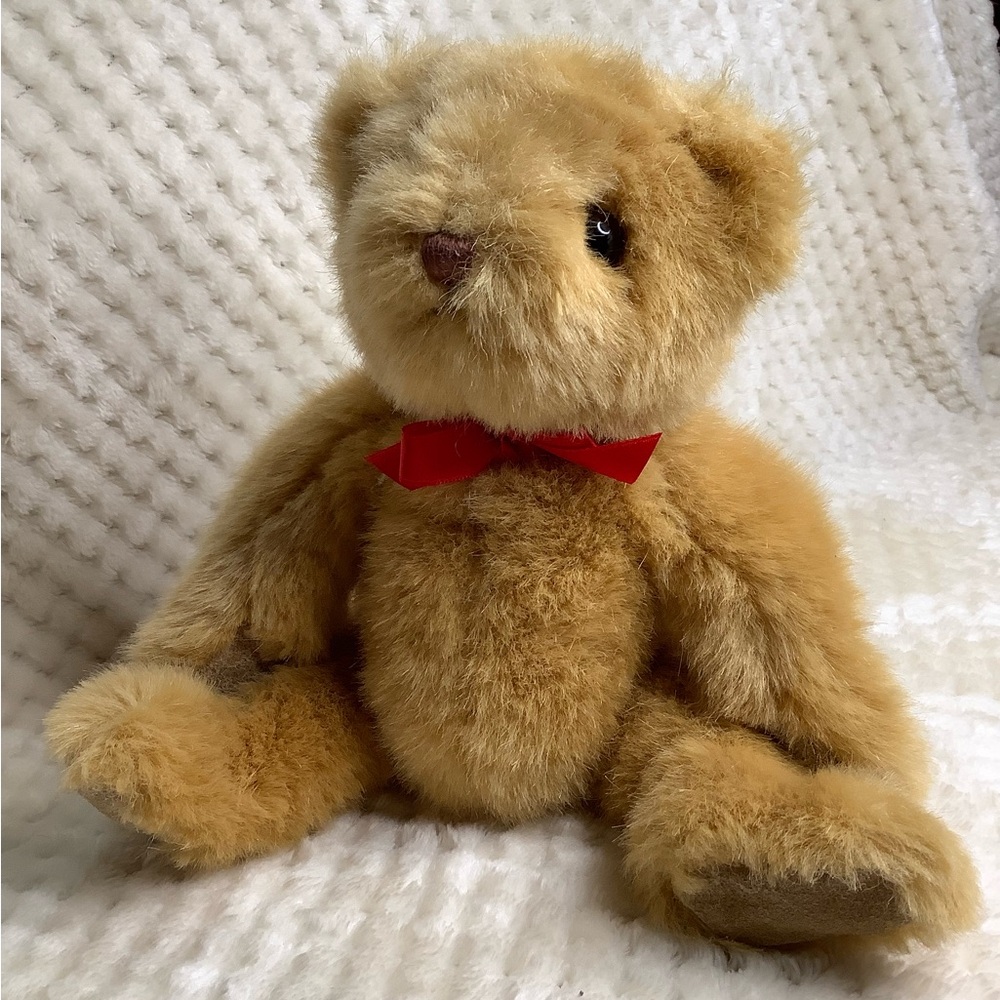 Russ Berrie Plush Golden Colour 7214 Jointed Bear Red Bow Stuffed Animal Toy